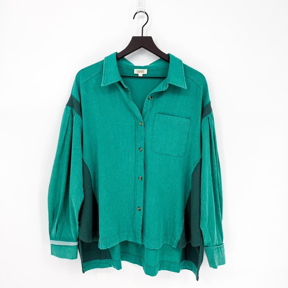 Oddi Oversized Button Down Mixed Fabric Top Turquoise Large